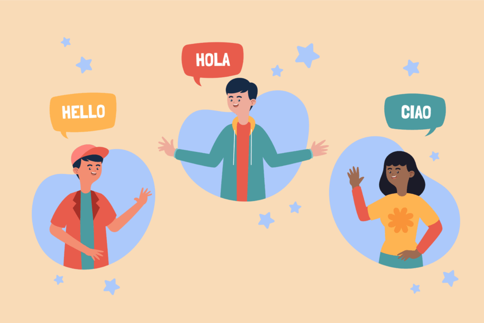 illustrazione di amici che dicono ciao in inglese, spagnolo e italiano